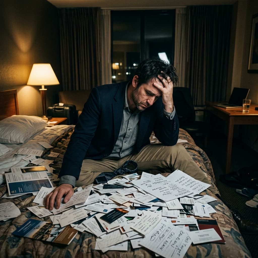 Frustrated Sales Rep in Hotel Room